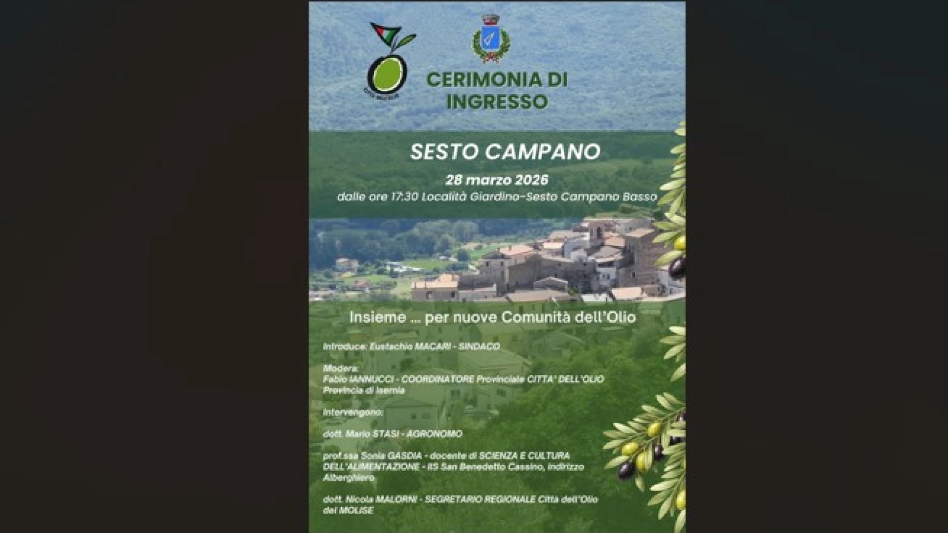 Sesto Campano entra nell’Associazione Nazionale Città dell’Olio: cerimonia ufficiale sabato 28 marzo